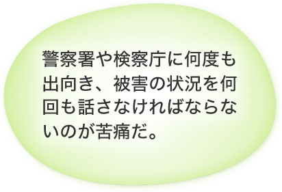 警察署や検察庁に何度も出向き、被害の状況を何回も話さなければならないのが苦痛だ。