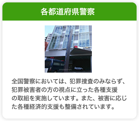 警察　全国警察においては、犯罪捜査のみならず、犯罪被害者の方の視点に立った各種支援の取組を実施しています。　また、被害に応じた各種経済的支援も整備されています。