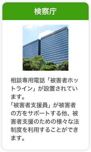 検察庁　相談専用電話「被害者ホットライン」が設置されています。
「被害者支援員」が被害者の方をサポートする他、被害者支援のための様々な法制度を利用することができます。