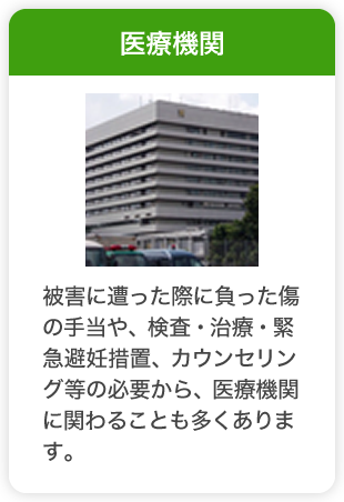 医療機関　被害に遭った際に負った傷の手当や、検査・治療・緊急避妊措置、カウンセリング等の必要から、医療機関に関わることも多くあります。